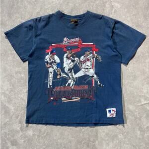 90s Vintage Atlanta Braves Triple Threat Nutmeg Navy T Shirt Size M